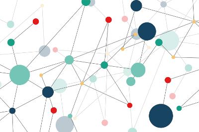 Decorative network of red, yellow, green and blue dots connected by lines 3x2